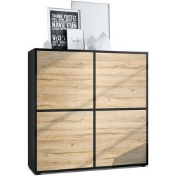 Vladon - Buffet haut Armoire Cabinet Commode Cuba V2 Noir mat - haute brillance - Portes en Chêne