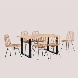 Set de Table de Salle à Manger en Bois (160x90 cm) Melina et 6 Chaises en Rotin Synthétique Gouda