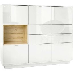 Buffet haut Metro V2 Cabinet Commode Blanc haute brillance insert coloré - Insertion en Chêne