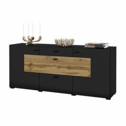Buffet 165cm collection kobee 3 portes et 2 tiroirs. Couleur noir et chêne. - Noir