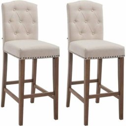 Lot de 2 tabouret de bar capitonné style baroque en tissu crème pieds en bois clair - crèmem