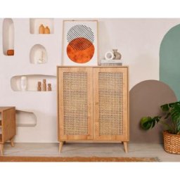 Buffet haut 2 portes avec cannage Lodim H110cm Bois de charme massif clair - Chêne clair