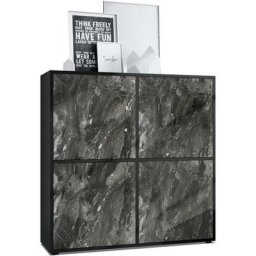 Vladon - Buffet haut Armoire Cabinet Commode Cuba V2 Noir mat - haute brillance - Portes en Marbre