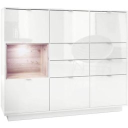 Buffet haut Metro V2 Cabinet Commode Blanc haute brillance insert coloré - Insertion en Chêne