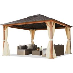 Tonnelle de jardin 4x4 m aspect bois, toit en acier 4 parois latérales, champagne - champagne