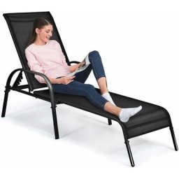 Chaise Longue de Jardin Reglable, Bain de Soleil avec Accoudoirs et Dossier Inclinable