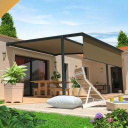 Pergola Toile pyrite 4,00x4,00 m Motorise Secours à Télécommande + Coffre led + Lambrequin ( - Gris
