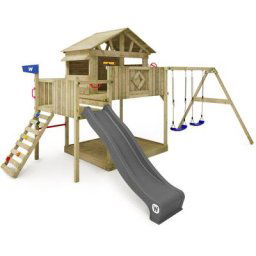 Aire de jeux Portique Smart Peak avec balançoire & toboggan, maison sur pilotis avec bac à sable,