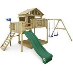 Aire de jeux Portique Smart Peak avec balançoire & toboggan, maison sur pilotis avec bac à sable,