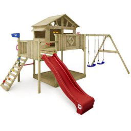 Aire de jeux Portique Smart Peak avec balançoire & toboggan, maison sur pilotis avec bac à sable,