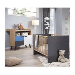 Chambre bébé duo mats color - Lit 70x140 cm + Commode a langer 2 portes - Décor gris anthracite et