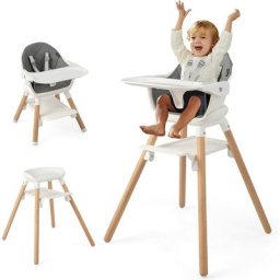 6 en 1 Chaise Haute Bébé en Bois Convertible avec Hauteur Réglable&Plateau Amovible Chaise Haute