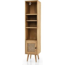Meuble Colonne de Rangement avec Porte Rotin et Pieds en Bois Massif, Meuble de Salle de Bain