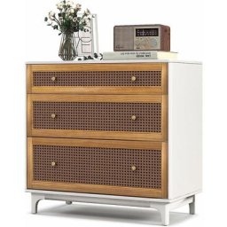 Commode Chambre Adulte en Rotin, Commode 3 Tiroirs, Meuble de Rangement en Bois, Kit