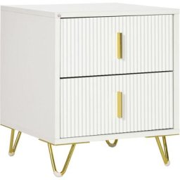 Table de chevet table de nuit 2 tiroirs coulissants façade ondulée mdf blanc piètement épingle