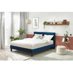 Lit Bobochic Lit 140x190 cm velvet lattes massives pieds carrés en bois wengé 140x190 Bleu Marine