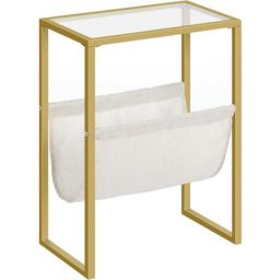Table d'Appoint, Table de Chevet Dorée, Meuble de Rangement avec Porte-Magazines en Tissu et Dessus