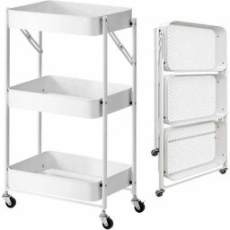 Bakaji - Desserte de Cuisine Pliante Slim 3 Étagères Métalliques Chariot de Service 4 Roues Blanches