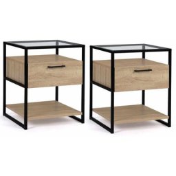 Lot de 2 tables de chevet solano 1 tiroir avec tablette en verre design industriel - Bois-clair