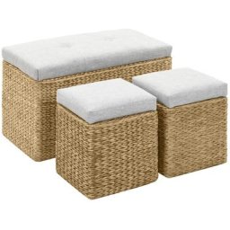 Banc avec 2 poufs Jacinthe d'eau Gris
