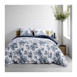 Parure de lit 3 Pièces en coton Roselia - Blanc/bleu - 260 x 240 cm - Livraison gratuite - Blanc
