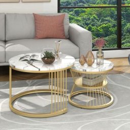 Table basse gigogne moderne, placage de marbre, lot de 2, cadre doré, plan de travail blanc, grand