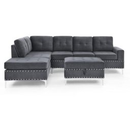 Canapé d'angle réversible en velours gris et pieds doré avec pouf antalia - gris