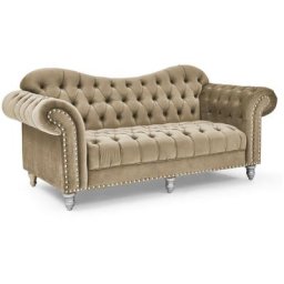 Canapé 3 places chesterfield courbé en velours beige et pieds en métal argenté - rachel - beige