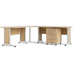 Prisme Bureau d'angle avec conteneur à roulettes, finition chêne, blanc