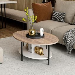 Table basse ovale Mekong 60x90cm Métal Noir et Bois Blanc et Chêne clair - Blanc / Chêne