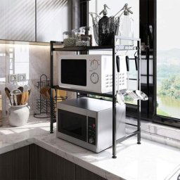 Meuble Rangement de Cuisine Support Four Micro-Ondes avec 2 Niveaux Extensible en Hauteur & Largeur