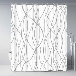 Rideau de douche en tissu rayé gris et blanc pour salle de bain avec 12 crochets, rideaux de douche