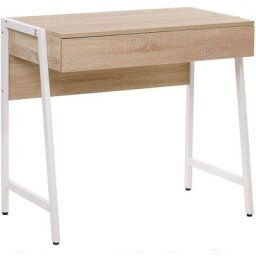 Bureau avec Tiroir Plateau Effet Bois Clair et Pieds en Acier Blanc 84 x 48 cm Idéal pour les