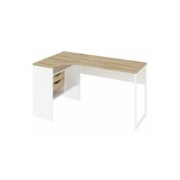 Plus Bureau d'angle avec 3 tablettes de rangement et 2 tiroirs, blanc et chêne structuré. - Blanc