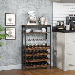 Tagère à Vin 24 Bouteilles, Meuble Rangement avec 5 Rangées Porte-Verres, pour Cuisine, Bar, Salle