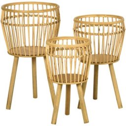 Lot de 3 supports à plantes étagères à fleurs trépied bois sapin rotin tressé - Beige