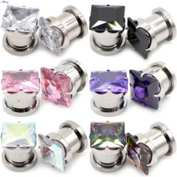 Alisouy 2 pièces en acier inoxydable carré Zircon CZ vis bouchons d'oreille Tunnel expansion boucle