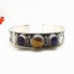 Tibétain incrusté Multi Pierre Perles Ouvert Manchette Bracelets Agates Noires Œil De Tigre Labrumen