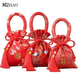 Sac à bonbons de mariage en brocart rouge portable sac GT proximité Wstring 14x11cm