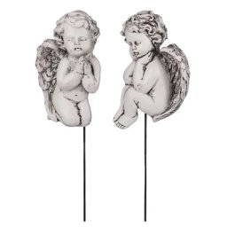 Anges en polyrésine sur tige, blanc/gris, 8 cm, 2 pièces