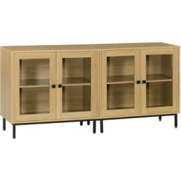Lot de 2 buffets - 2 x 2 portes vitrines verre, 2 étagères - mdf aspect chêne clair métal noir