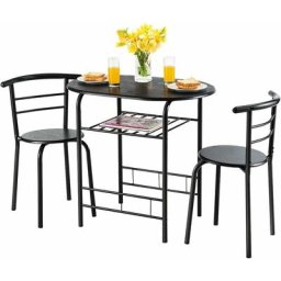 Ensemble de Table à Manger et 2 Chaise en Bois et Tubulaire Acier avec Porte-Bouteille sous Table,