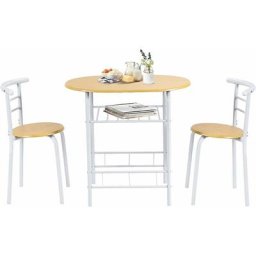 Ensemble de Table à Manger et 2 Chaise en Bois et Cadre Acier avec Porte-Bouteille, Table de
