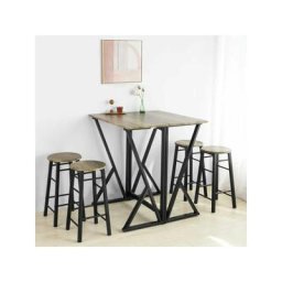 Ensemble table haute pliante et 4 tabourets - Noir mat et chêne - Bois et métal - Table L 80 x H 89