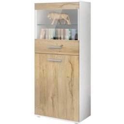 Vladon - Vitrine Buffet Armoire haute Almada en Blanc - haute brillance et tons naturels - Façades