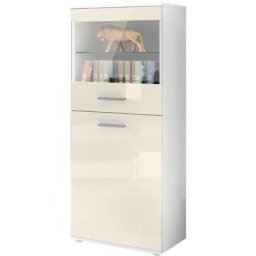Vladon - Vitrine Buffet Armoire haute Almada en Blanc - haute brillance et tons naturels - Façades