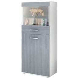 Vladon - Vitrine Buffet Armoire haute Almada en Blanc - haute brillance et tons naturels - Façades
