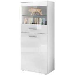 Vladon - Vitrine Buffet Armoire haute Almada en Blanc - haute brillance et tons naturels - Façades