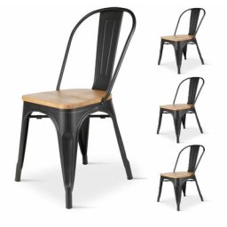 Kosmi - Lot de 4 chaises en métal noir mat avec assise en bois clair - Style industriel