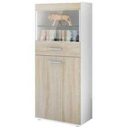 Vladon - Vitrine Buffet Armoire haute Almada en Blanc - haute brillance et tons naturels - Façades